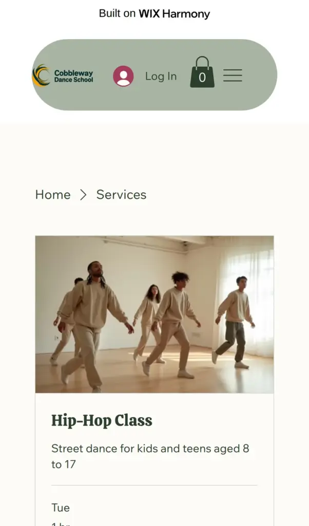 Classes page on a phone