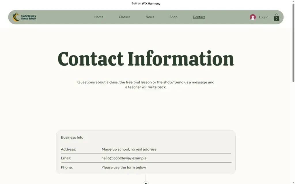 Contact page of the dance school site