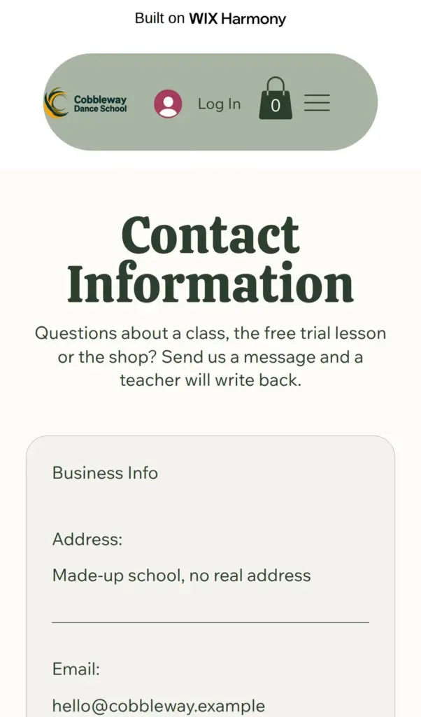 Contact page on a phone