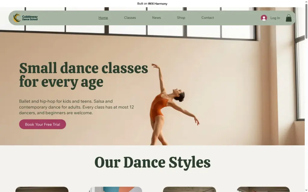 Home page of the Cobbleway Dance School demo site built with Wix