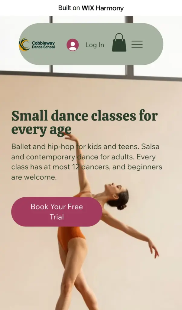 Home page of the dance school site on a phone