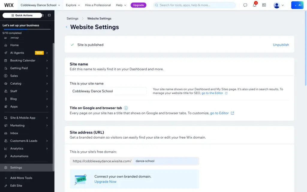 Wix website settings with the full site name and the free address
