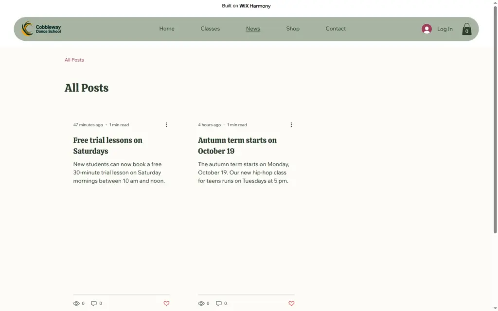 News page of the dance school site with two posts