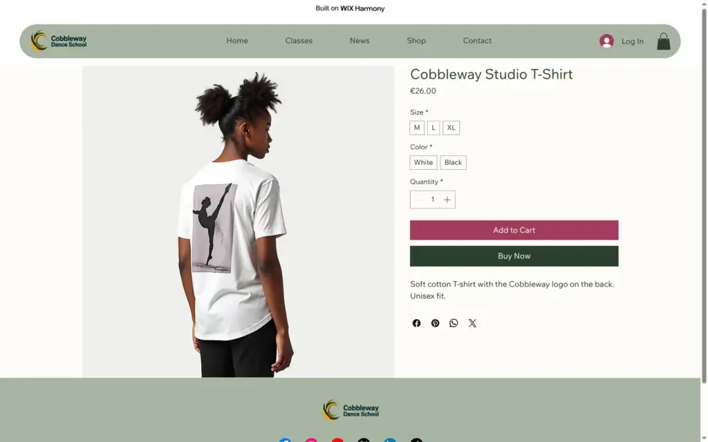 Product page of the studio T-shirt with size and color options