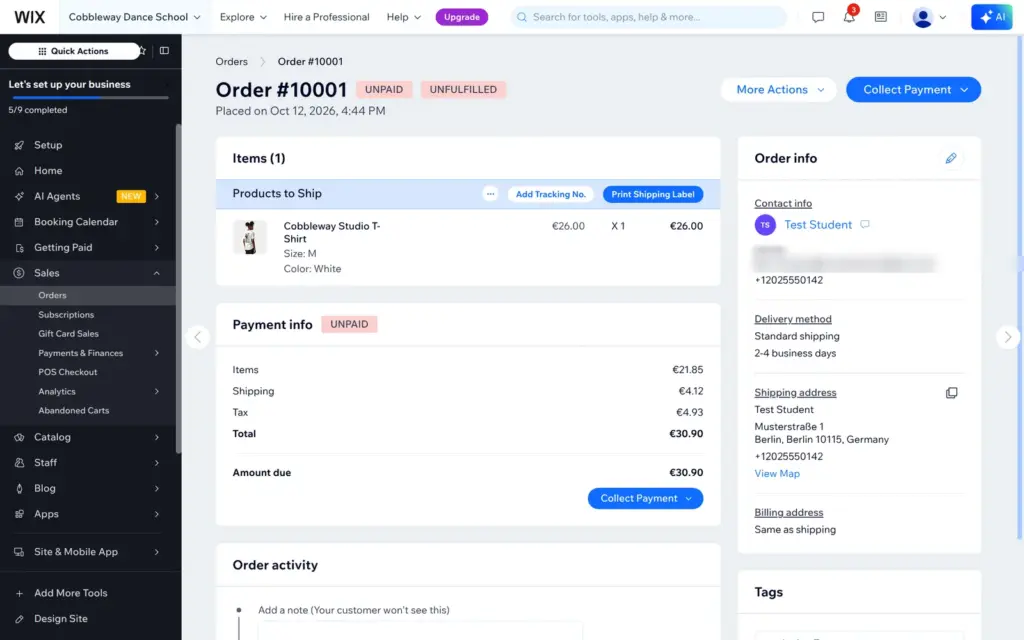 Test order details in the Wix dashboard, unpaid and unfulfilled