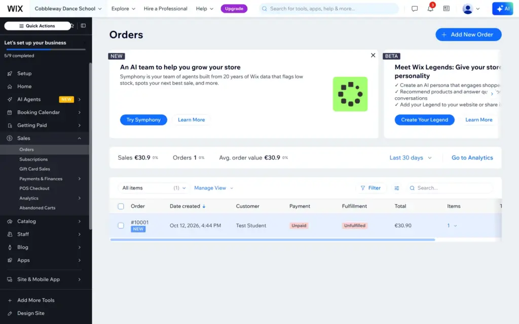 Wix orders list with the unpaid test order
