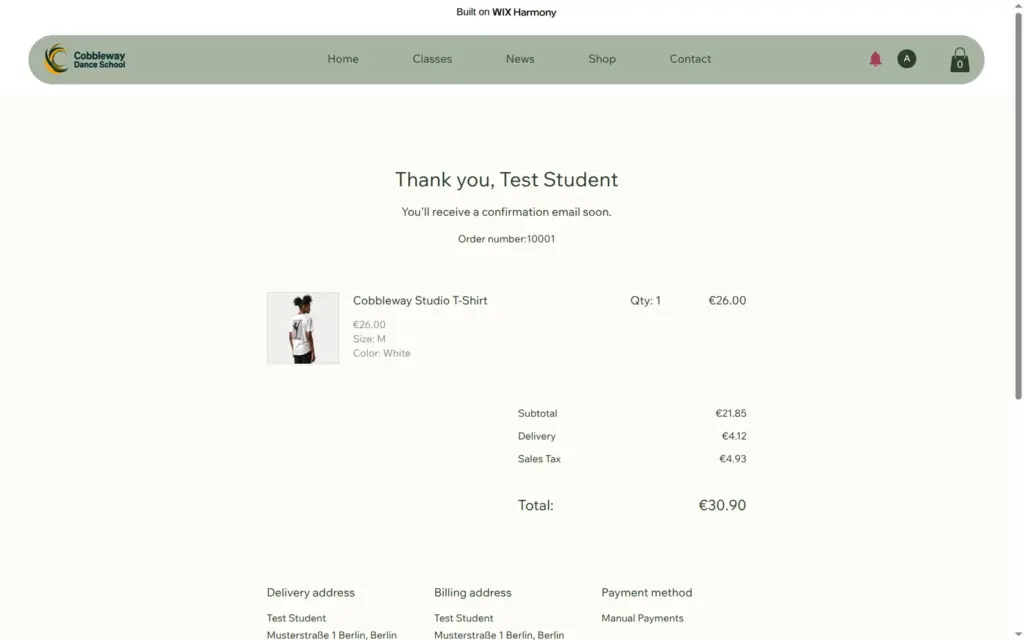 Thank-you page of the test order with VAT shown separately