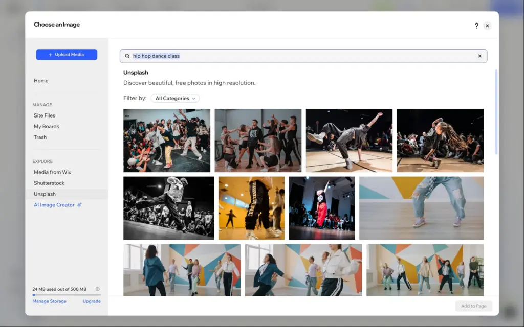 Wix media manager searching Unsplash photos for a hip-hop dance class
