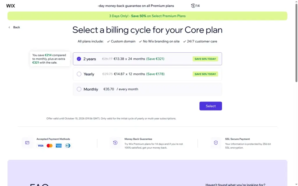 Billing cycles and prices for the Wix Core plan