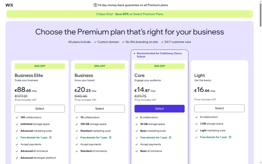 Wix upgrade page with a 50% discount on the first year