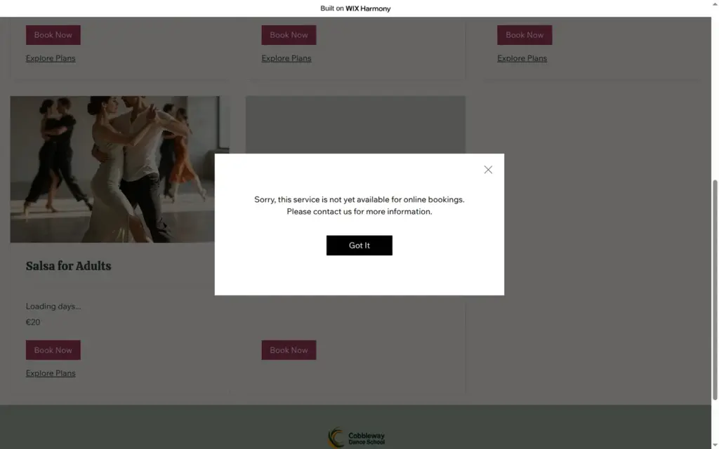 Live site message that the service is not yet available for online bookings