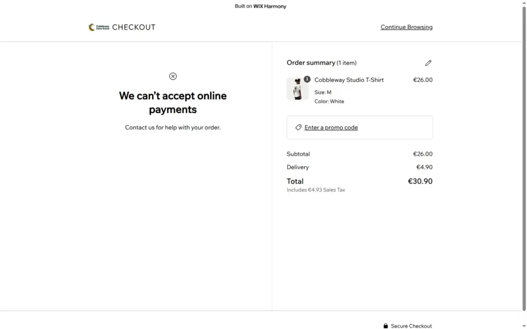 Wix checkout on the free plan saying online payments cannot be accepted
