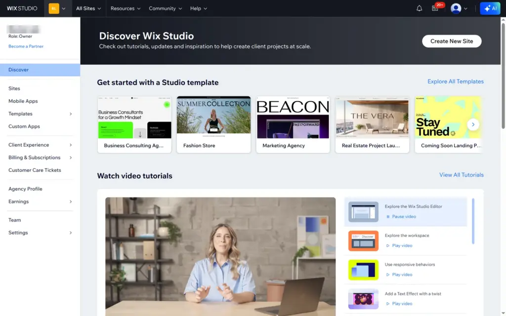 Wix Studio workspace dashboard with templates, tutorials and agency menu items