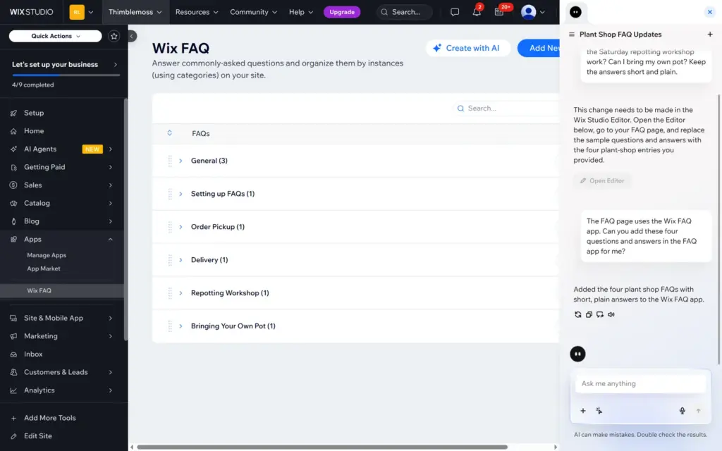 Wix FAQ app with four new categories added by the AI assistant