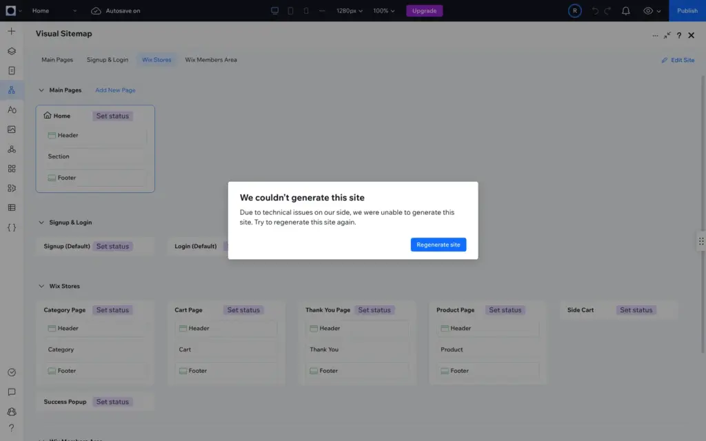 Error message: We could not generate this site