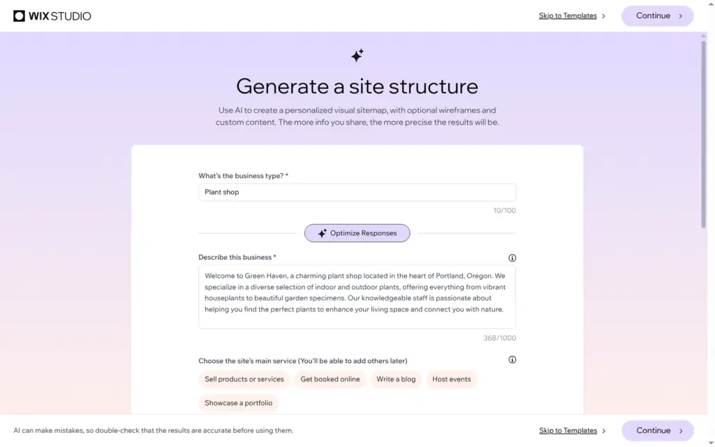 AI site planner form filled with a made-up shop called Green Haven in Portland, Oregon