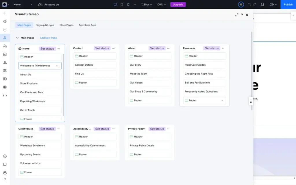 Visual sitemap generated by AI with seven pages and their sections