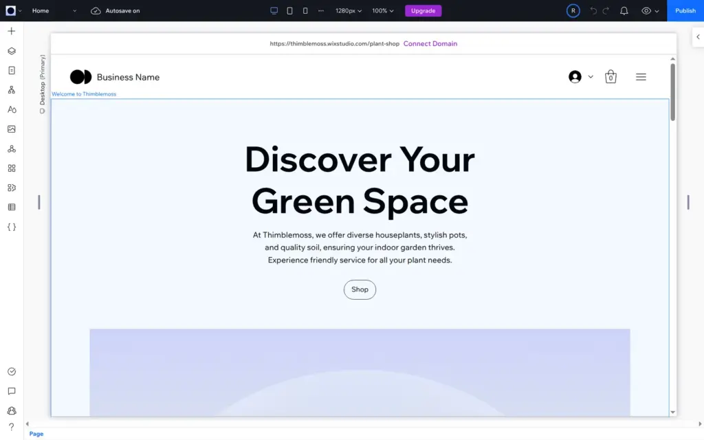Generated wireframe home page with Business Name in the header