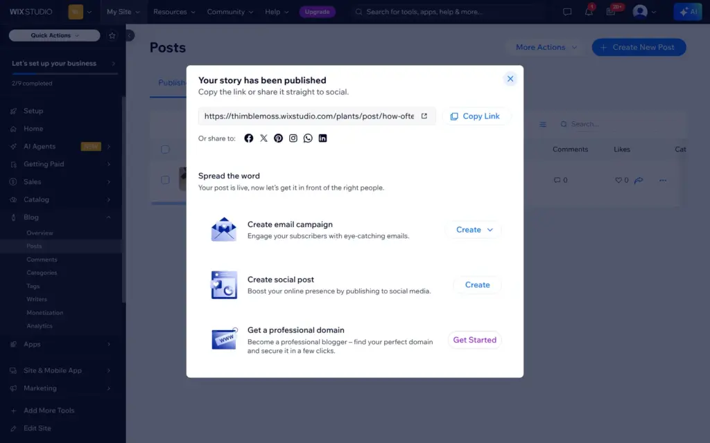 Dialog after publishing a post with a link and offers