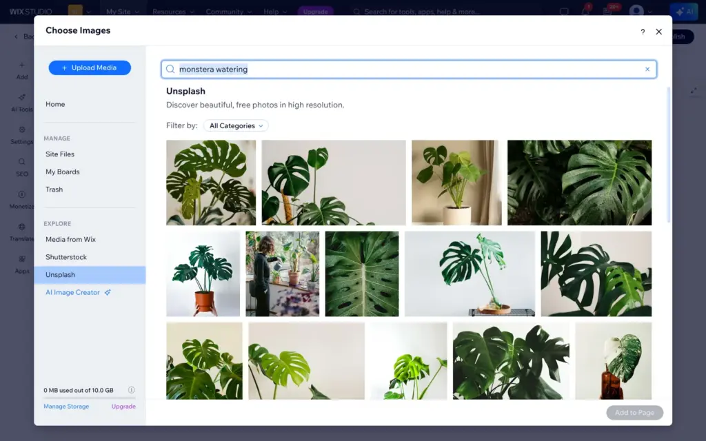 Image picker with Unsplash photos of a monstera