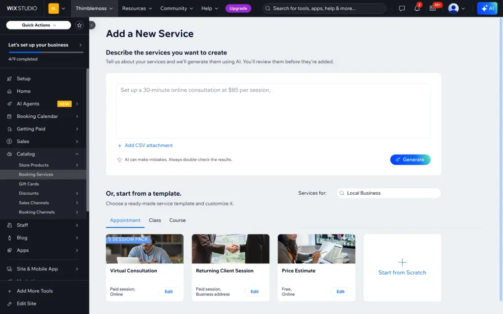 Add a new service with an AI description field or templates