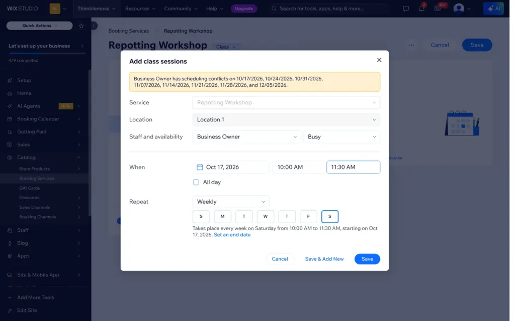 Dialog for adding weekly class sessions on Saturdays