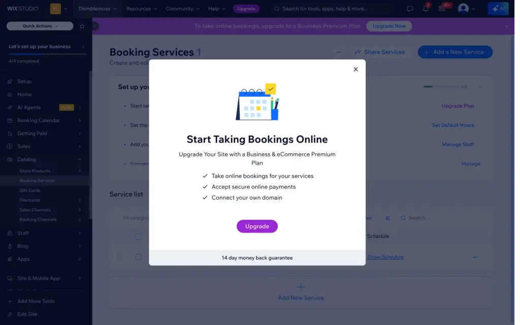 Dialog asking to upgrade to take bookings online