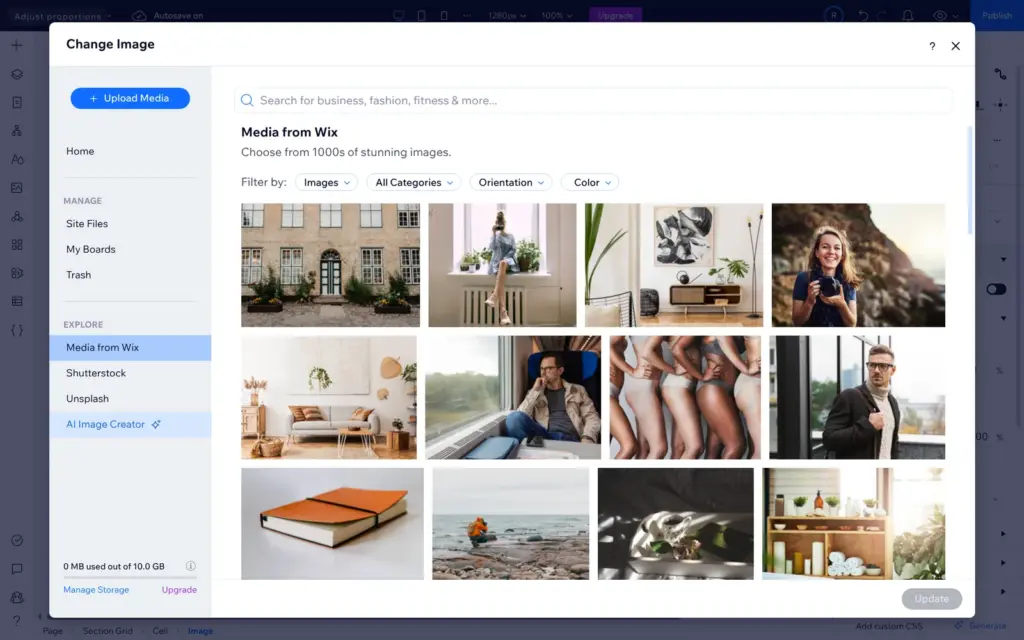 Change Image panel with free Wix photos, Shutterstock, Unsplash and an AI image creator
