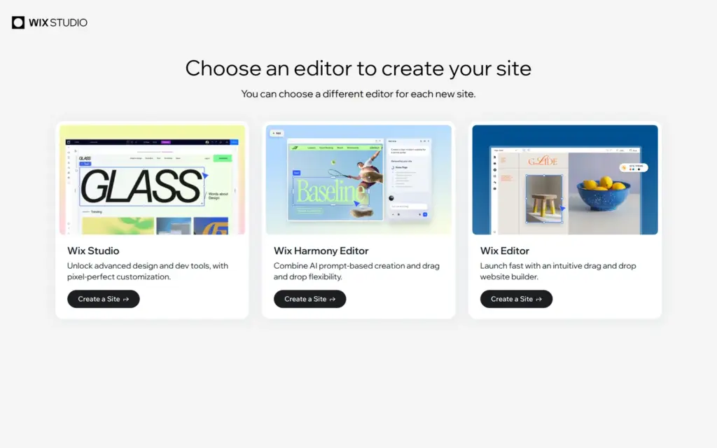 Dialog to choose between Wix Studio, Wix Harmony Editor and Wix Editor
