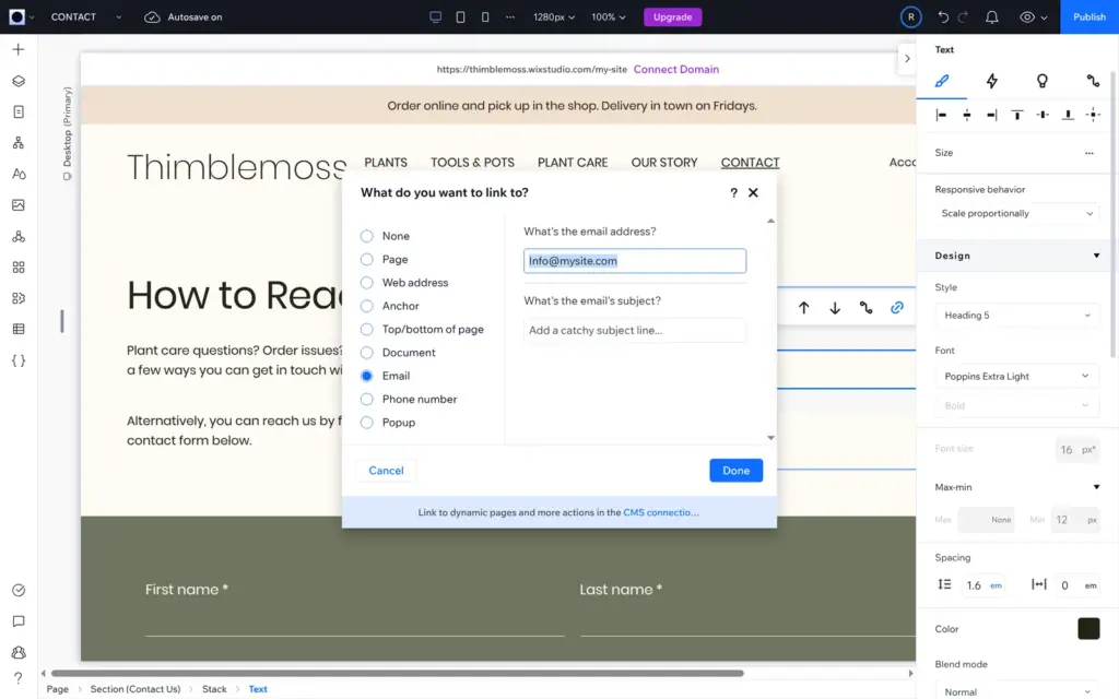 Link settings still pointing to info@mysite.com