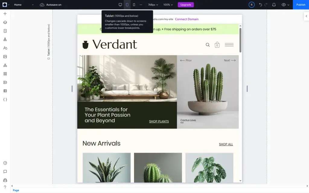 Wix Studio editor showing the tablet layout and the breakpoint tooltip