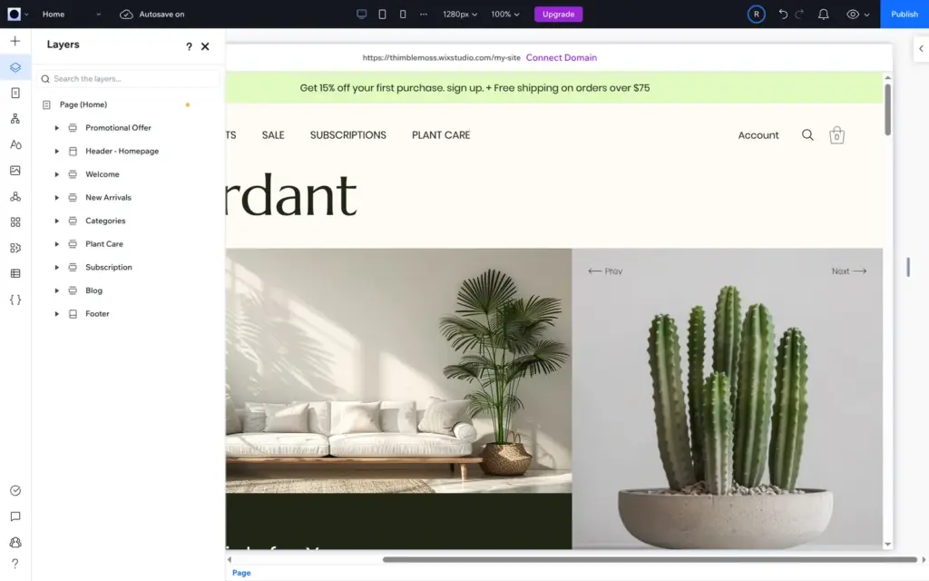 Wix Studio editor with the layers panel listing the sections of the home page