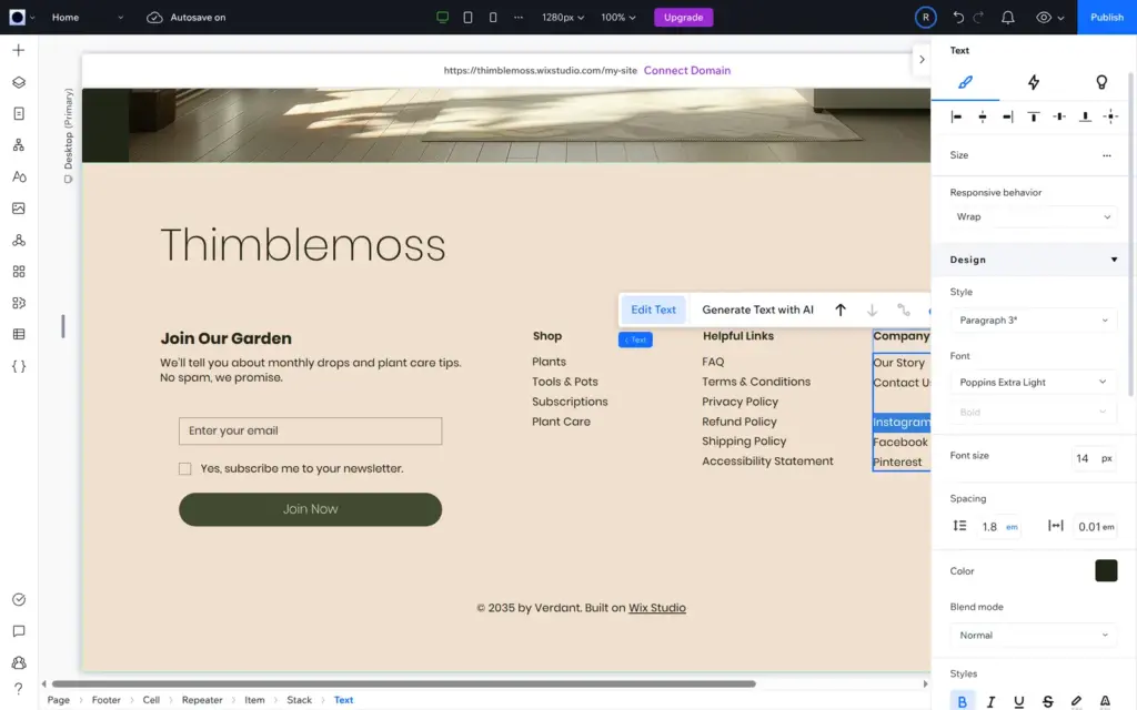 Footer with Instagram, Facebook and Pinterest links and the template copyright line