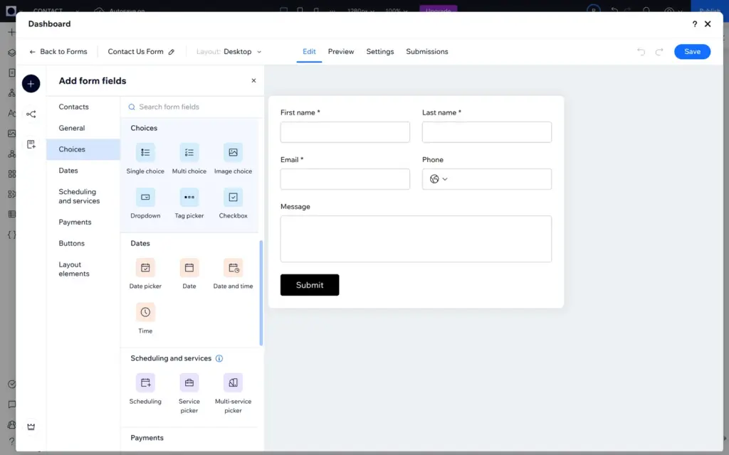 Wix Forms builder with field types