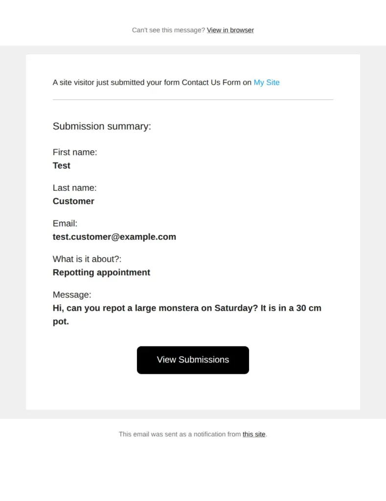 Form notification email listing first name, last name, email, topic and message