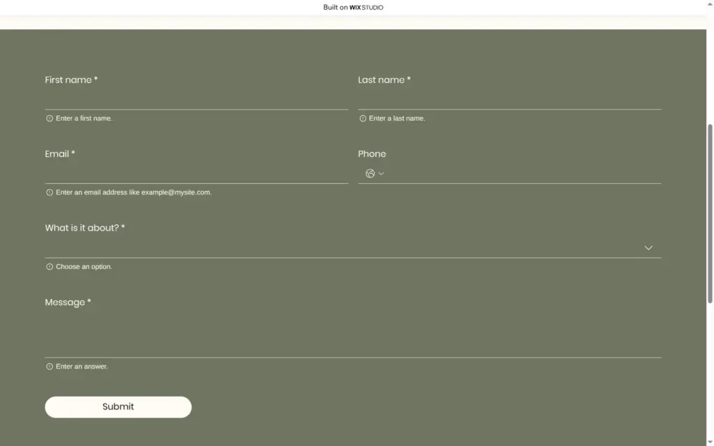 Contact form showing an error under each required field