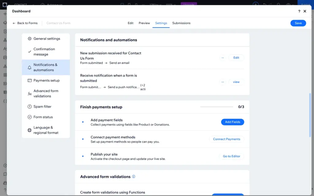 Form settings with email notifications and payments setup