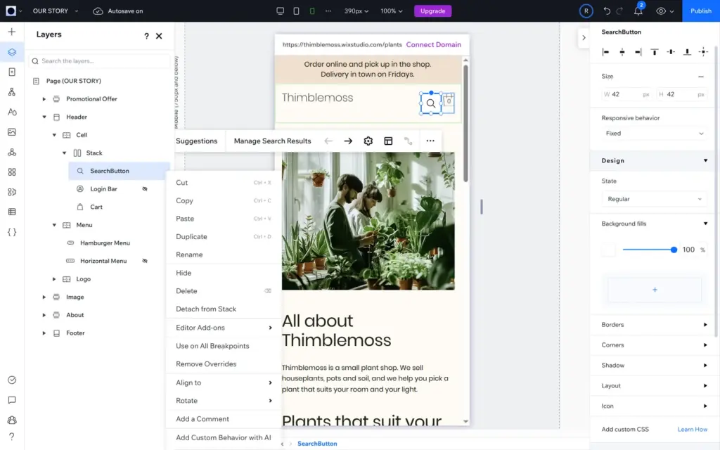Right-click menu on the search icon in the phone layout with Hide