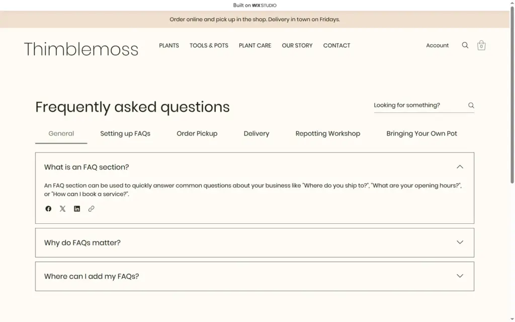 Live FAQ page with the template sample question What is an FAQ section