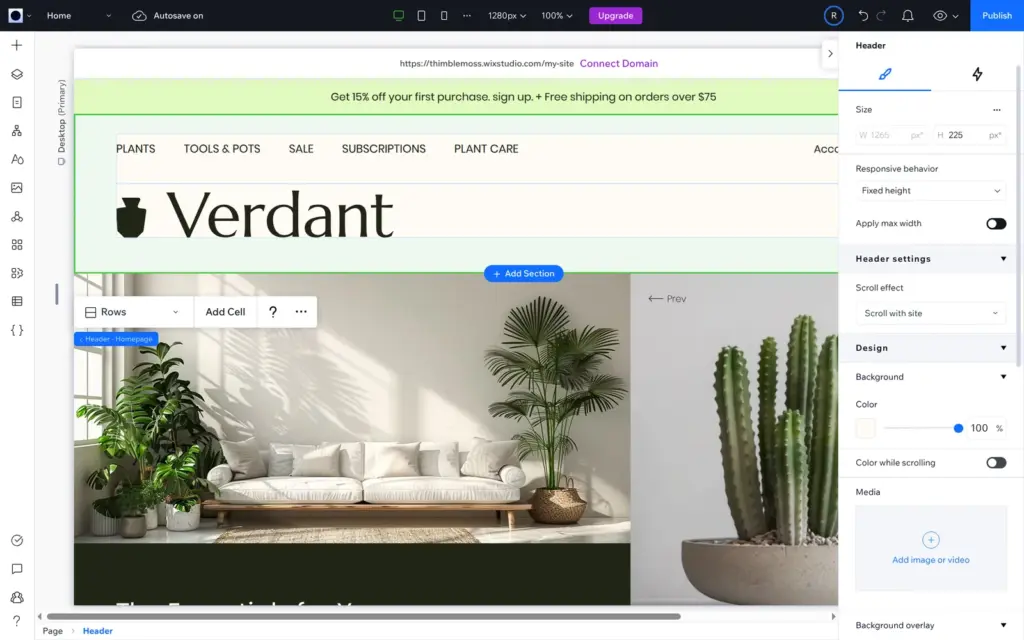 Template header with the Verdant logo selected as a graphic