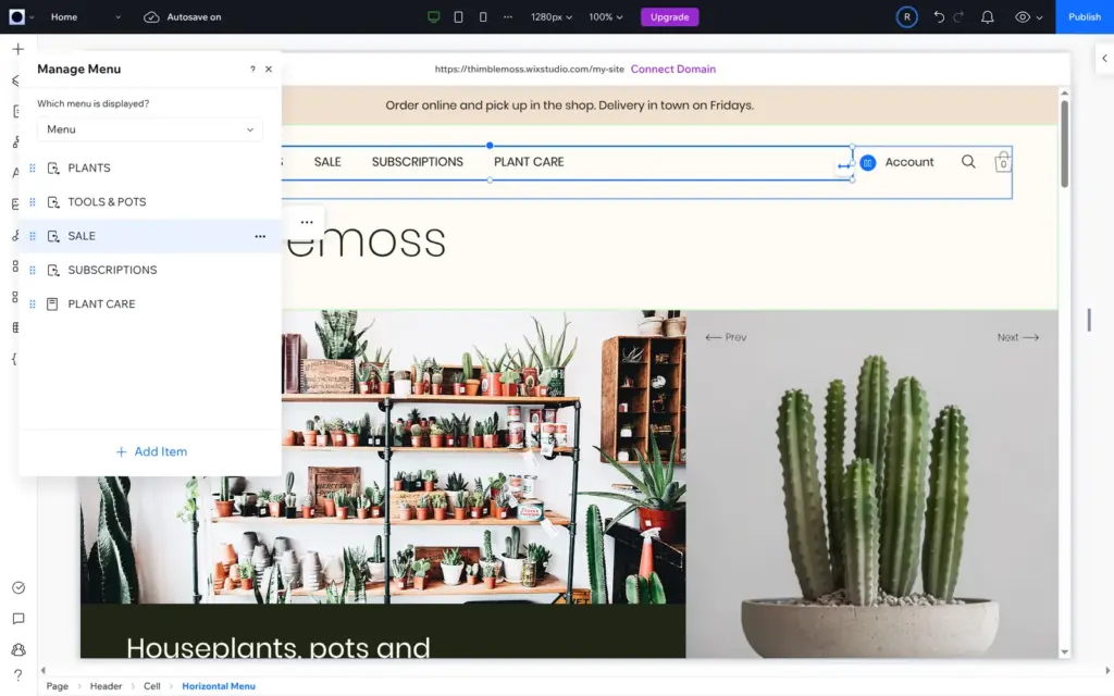 Manage Menu panel with Plants, Tools and Pots, Sale, Subscriptions and Plant Care