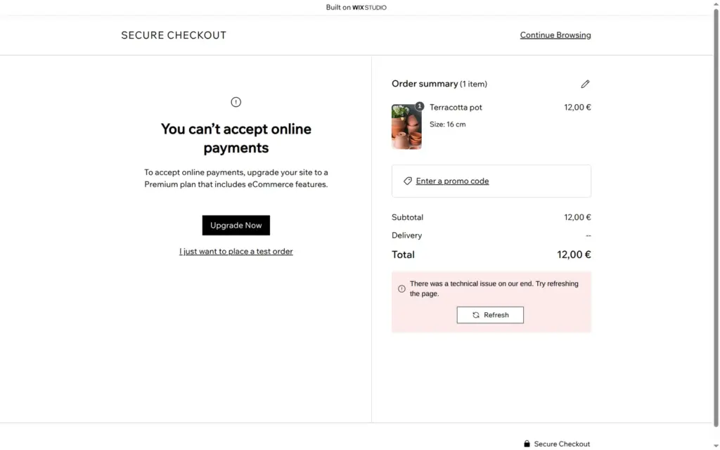 Checkout saying the site cannot accept online payments, with a test order link and a technical issue message
