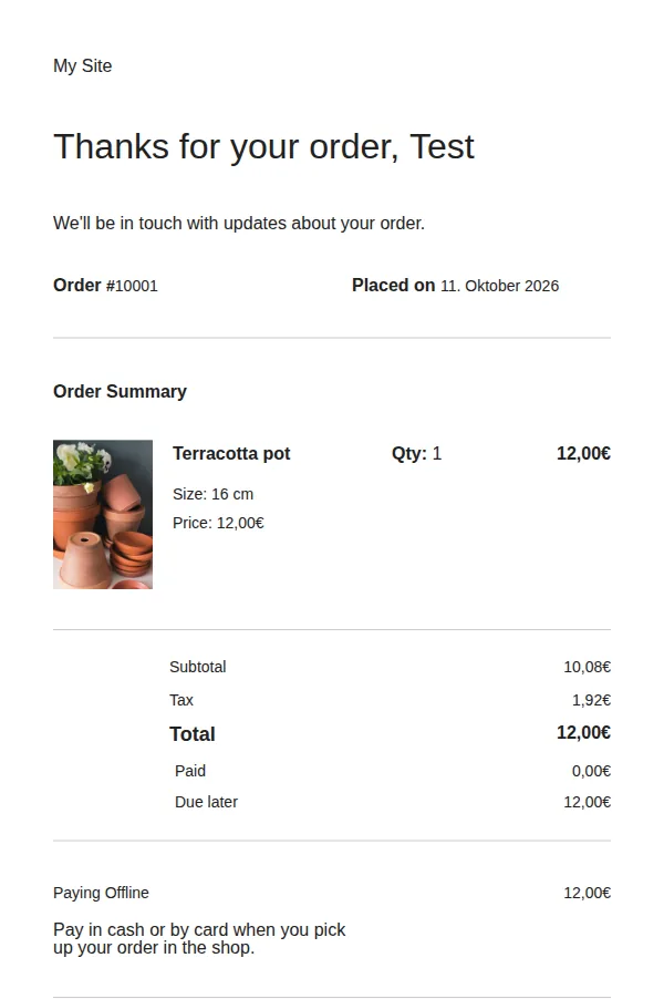 Order confirmation email with total, paid and due later amounts