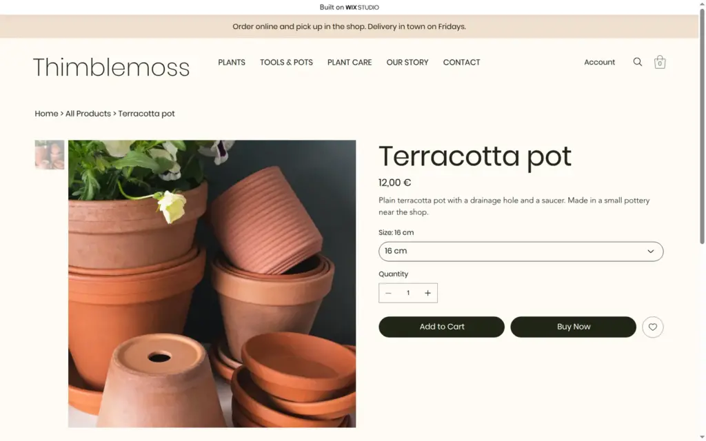 Live product page with the 16 cm size selected