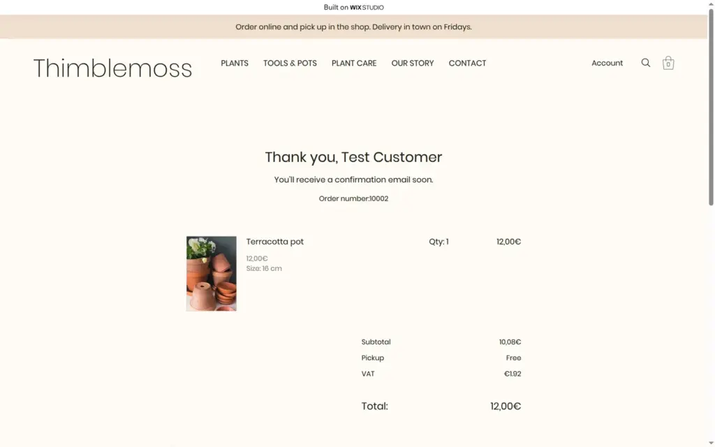 Thank-you page for the second test order, number 10002