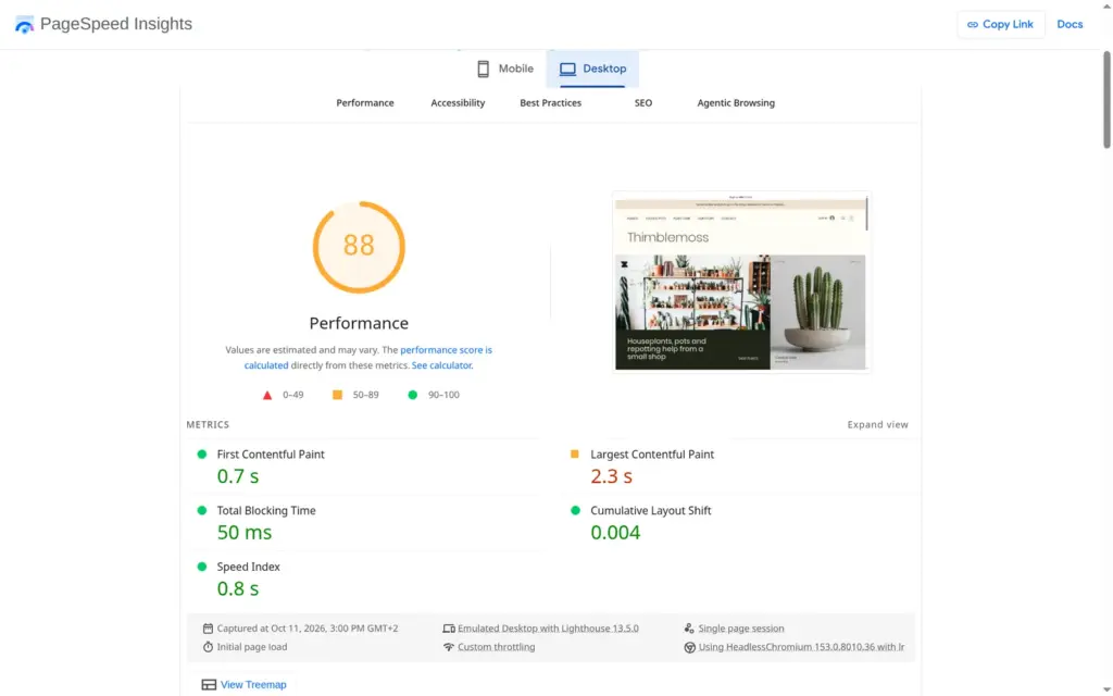 PageSpeed Insights desktop result with a performance score of 88