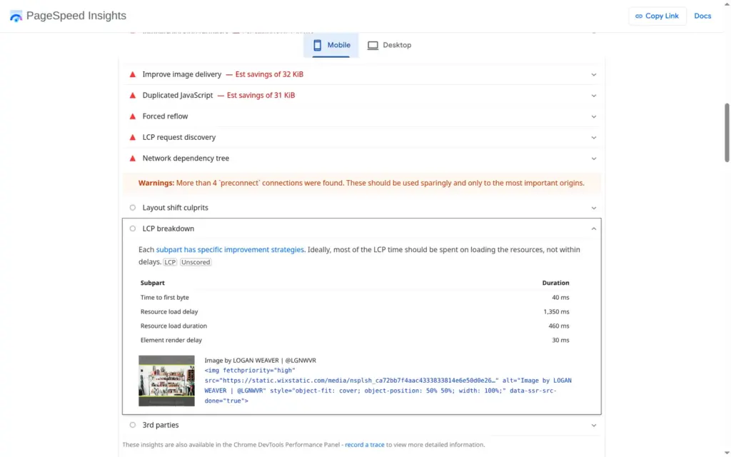 PageSpeed largest image with the photographer credit as alt text