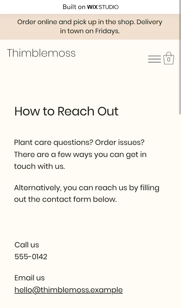 Contact page on a phone with the heading above the text