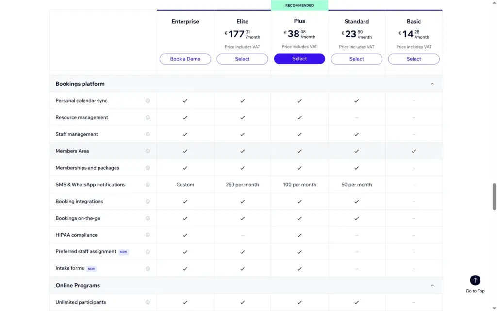 Plan comparison table for bookings features