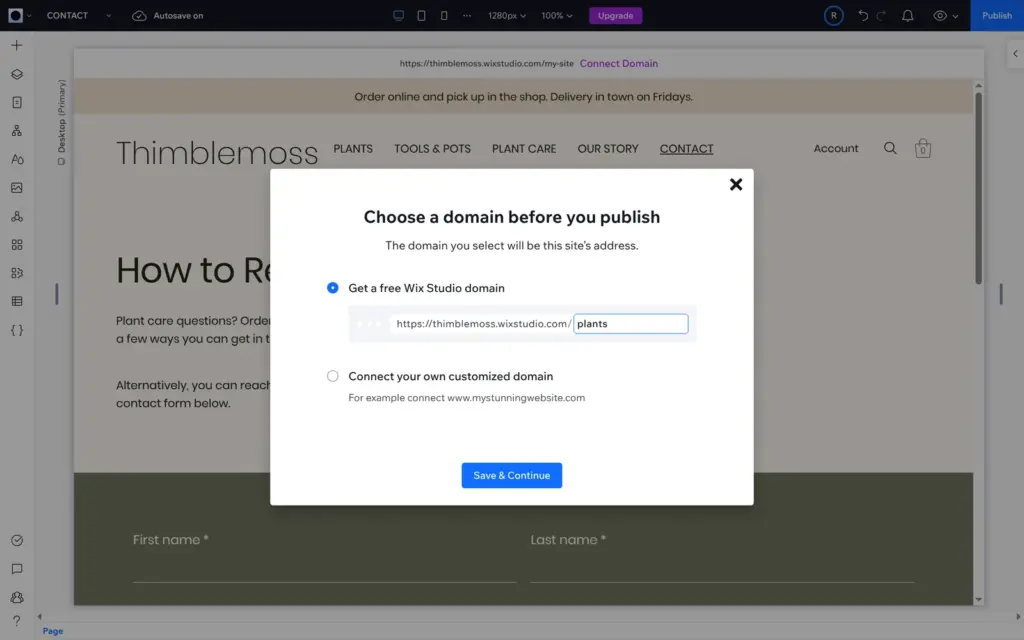 Dialog to choose the free Wix Studio address before publishing